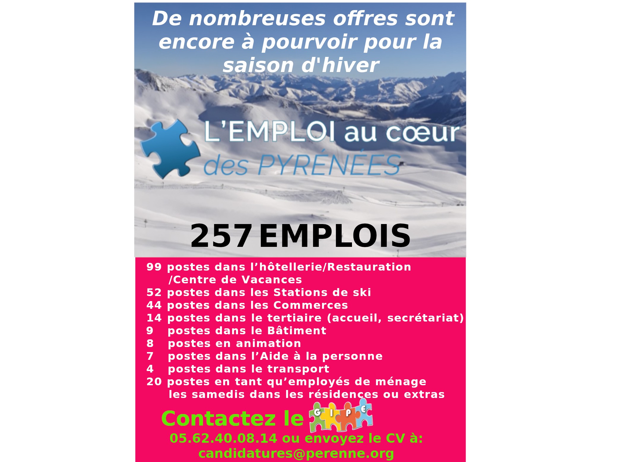 De nombreux postes sont encore à pourvoir pour cette saison d'hiver !! 
